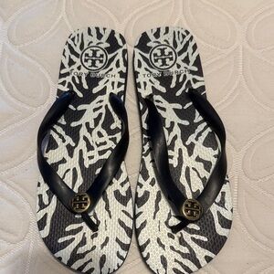 Tory Burch Zebra Print Flip Flops in Black and White